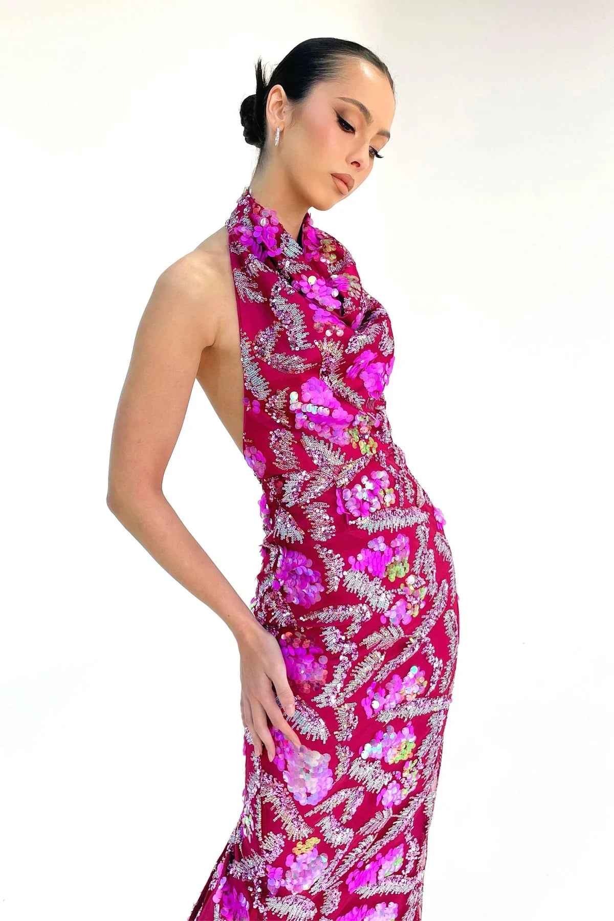 Rosered Women Sexy Halter Backless Sequins Embroidery Bodycon Long Dress Evening Party Fashion Birthday Outfit