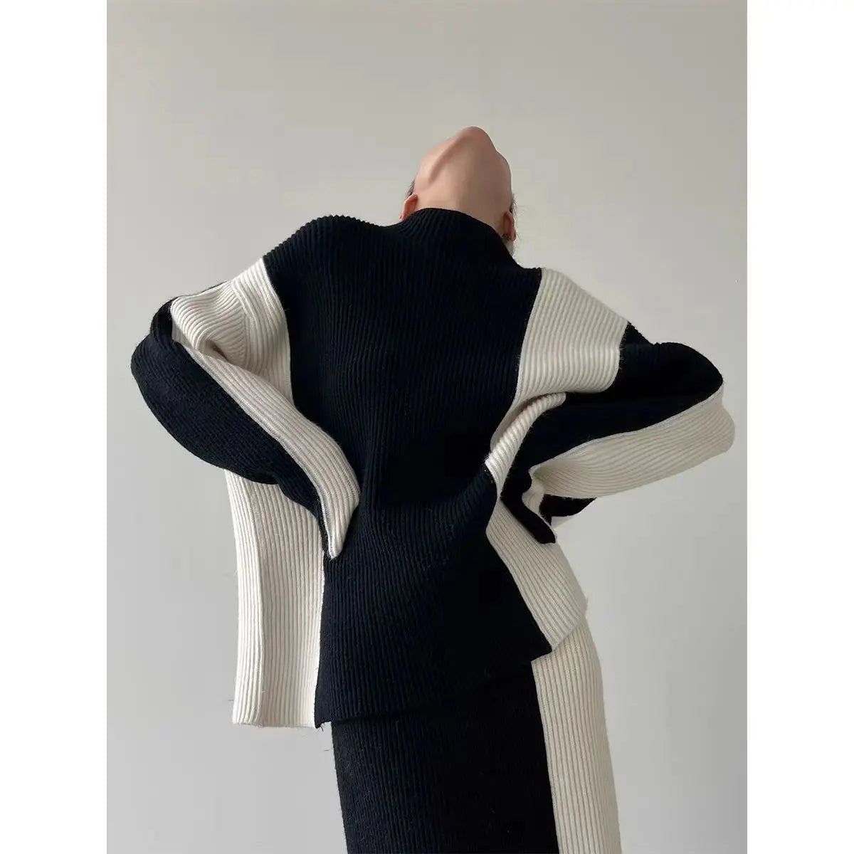 2023 new knitted women thickened turtleneck color-blocked sweater skirt y2k Korean style lazy slim two-piece suit