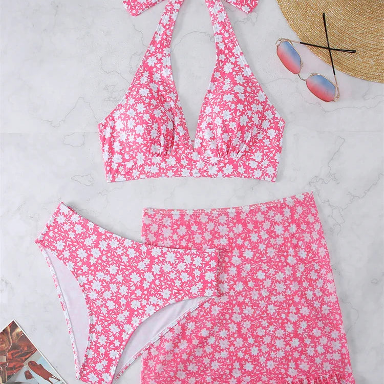Bikini Women Swimsuit New Print Halter V Neck Bikinis Set Sexy High Waist Swimwear Summer 3 Piece Beach Bathing Suit Female Pink