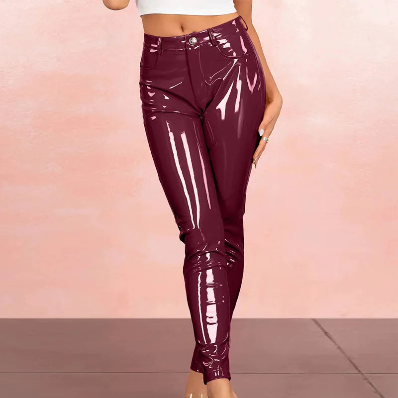 Women's Shiny Leather Pencil Pants Sexy Booty Lifting Middle Waist Pink Trousers Stretch Tights Clubbing Nightlife Custom purple