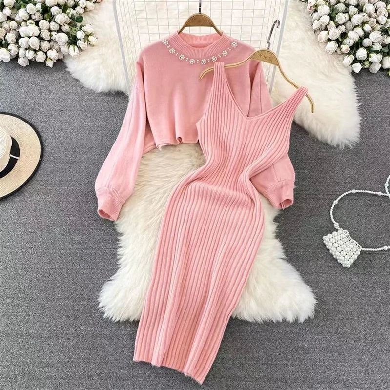 Korean Fashion Knitted Dress Sets Women Elegant Long Sleeve Pearl Sweater+Knitted Camis Dress Sets Sweater Casual Pullovers Suit