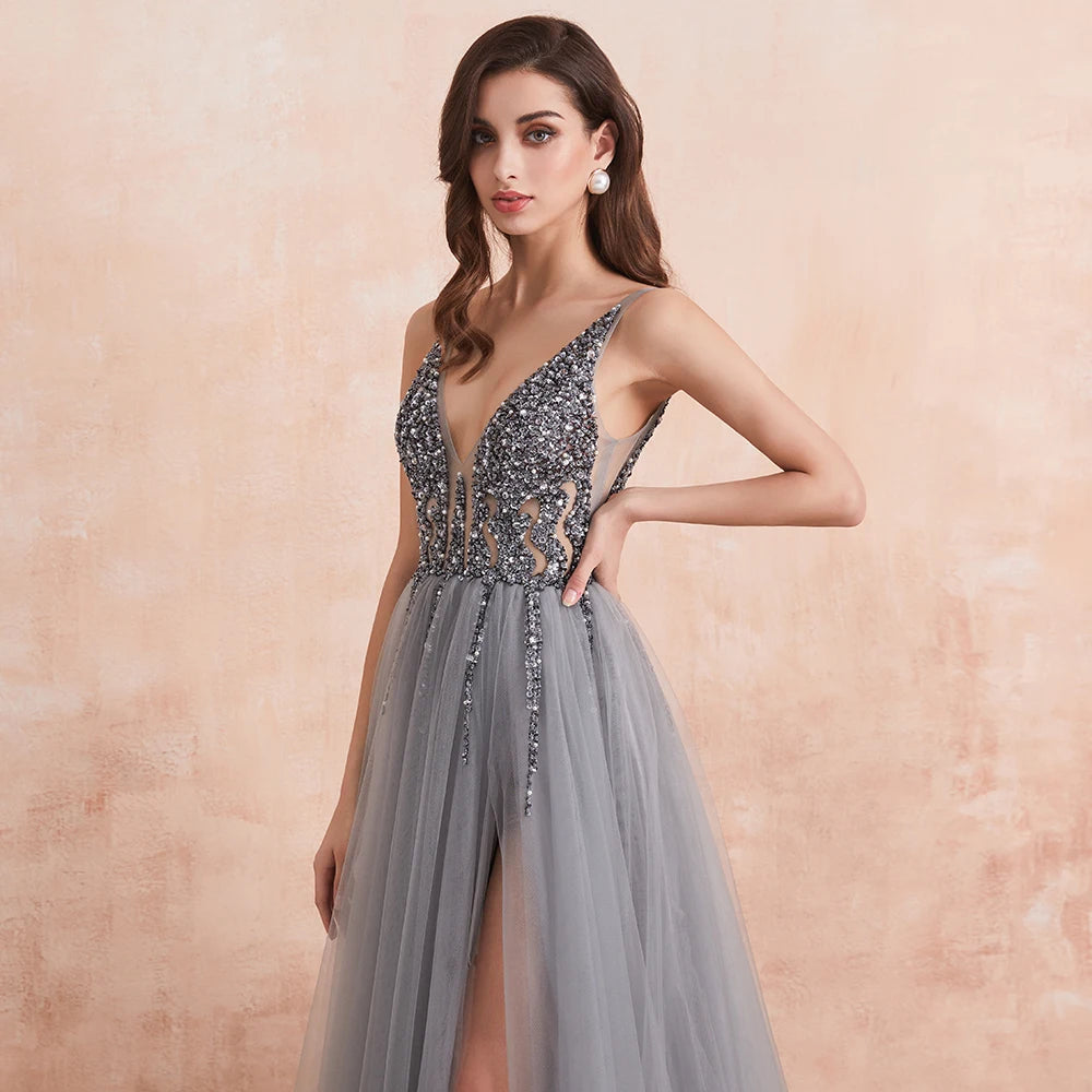 Sexy V Neck Evening Dresses for Women Dark Gray Crystal Beaded Beads Backless Formal Prom Gown