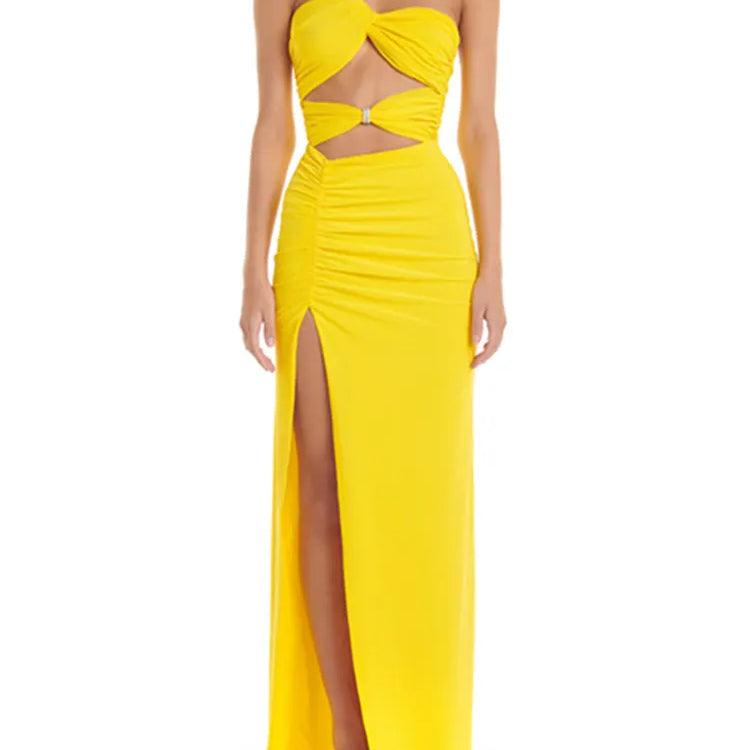 Women's Fashion Bandage Dress Strapless Sleeveless Hollow Out High Split Sexy Evening Dresses Summer