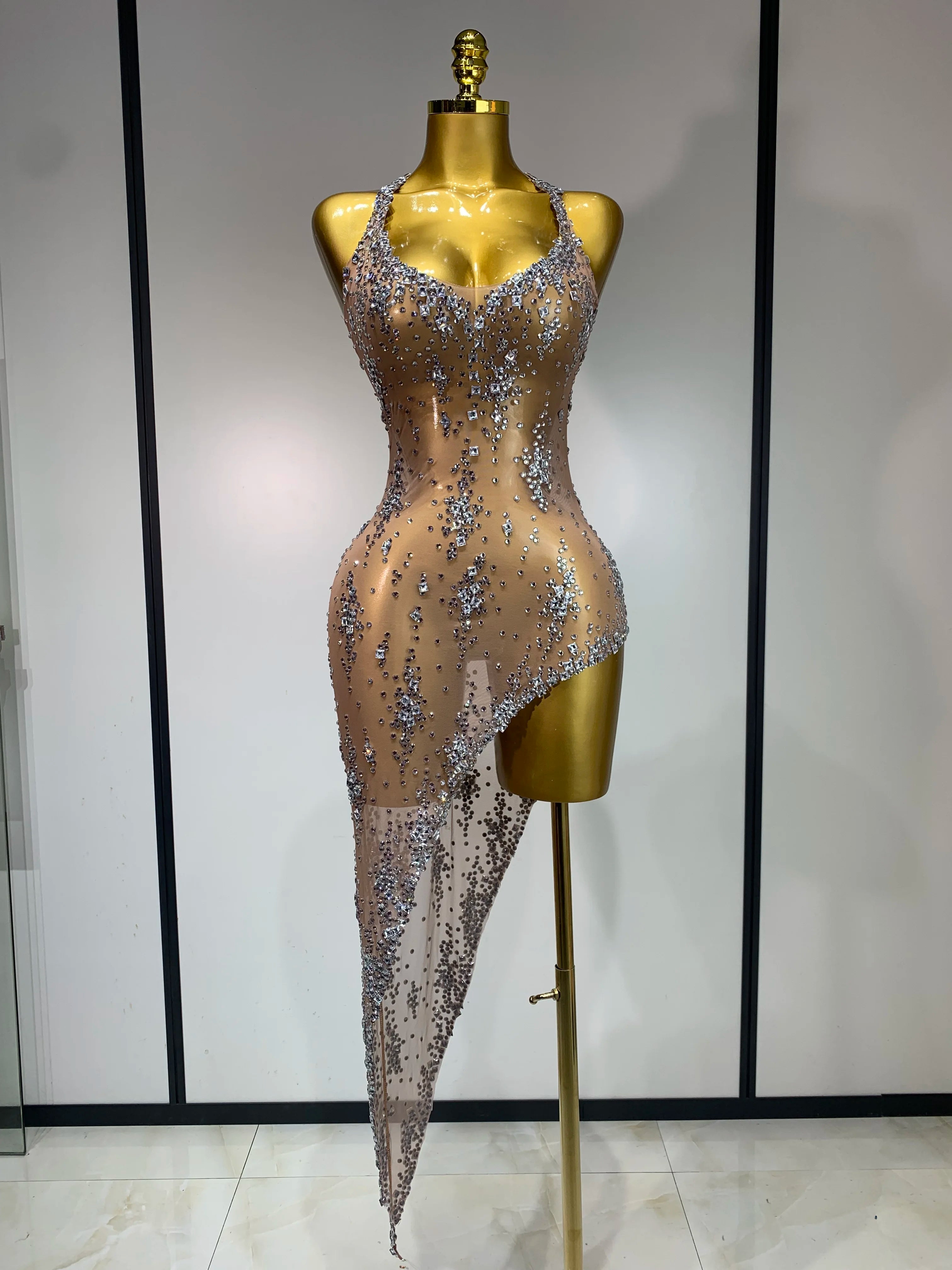 Women Sexy Luxury Birthday Prom Gowns Sparkly Diamond See Through Mesh Stretch Asymmetrical Dress Celebrity Elegant Stage Outfit