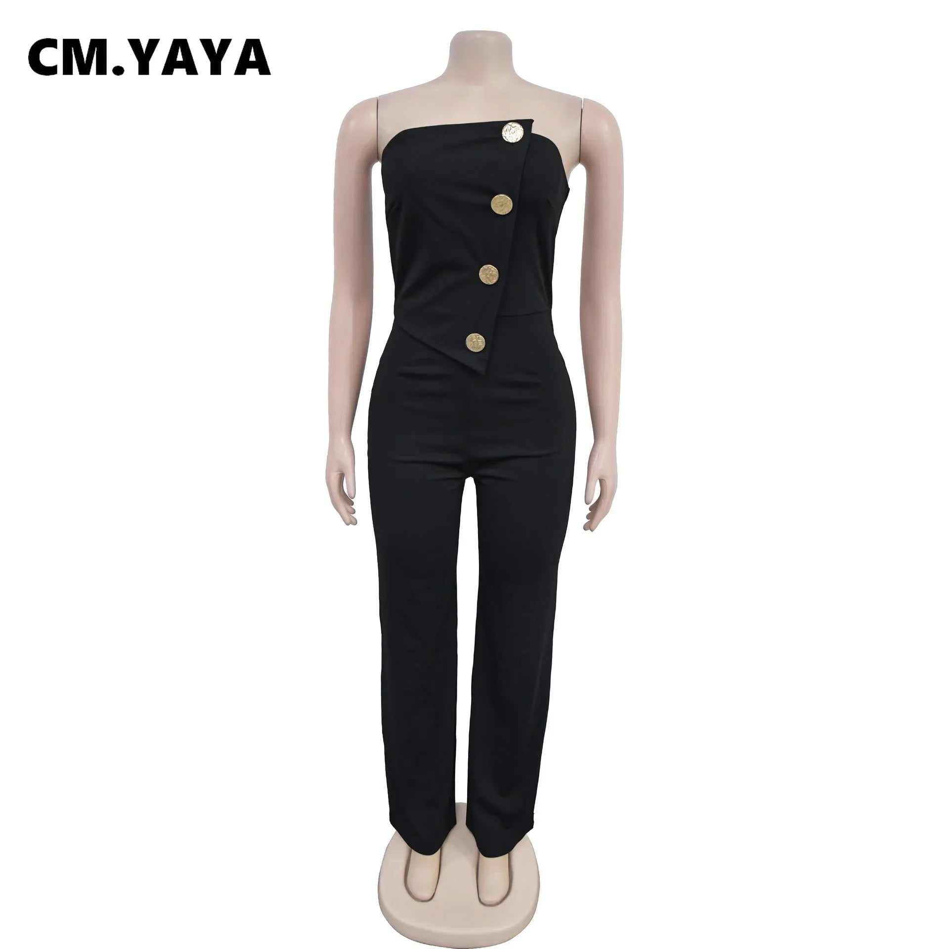CM.YAYA Women's Elegant Button Strapless Sleeveless Irregular Girl Jumpsuits 2024 Fall Overalls Outfits Night Clubwear One Piece