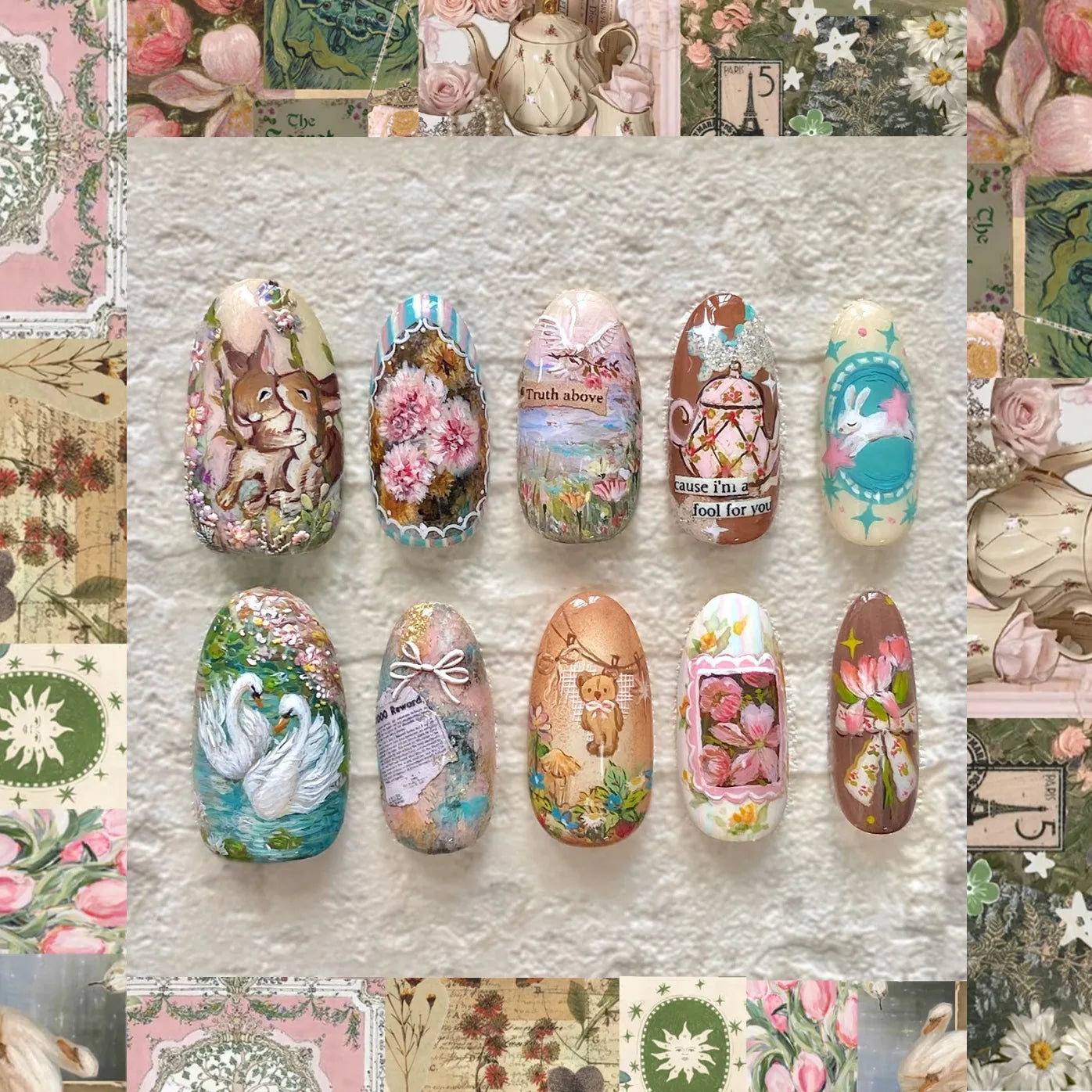 24pcs Finished Press on Nails Tips Idyllic Flower Pattern Design Long Almond False Nail Art Colorful Fake Nail Reusable Manicure