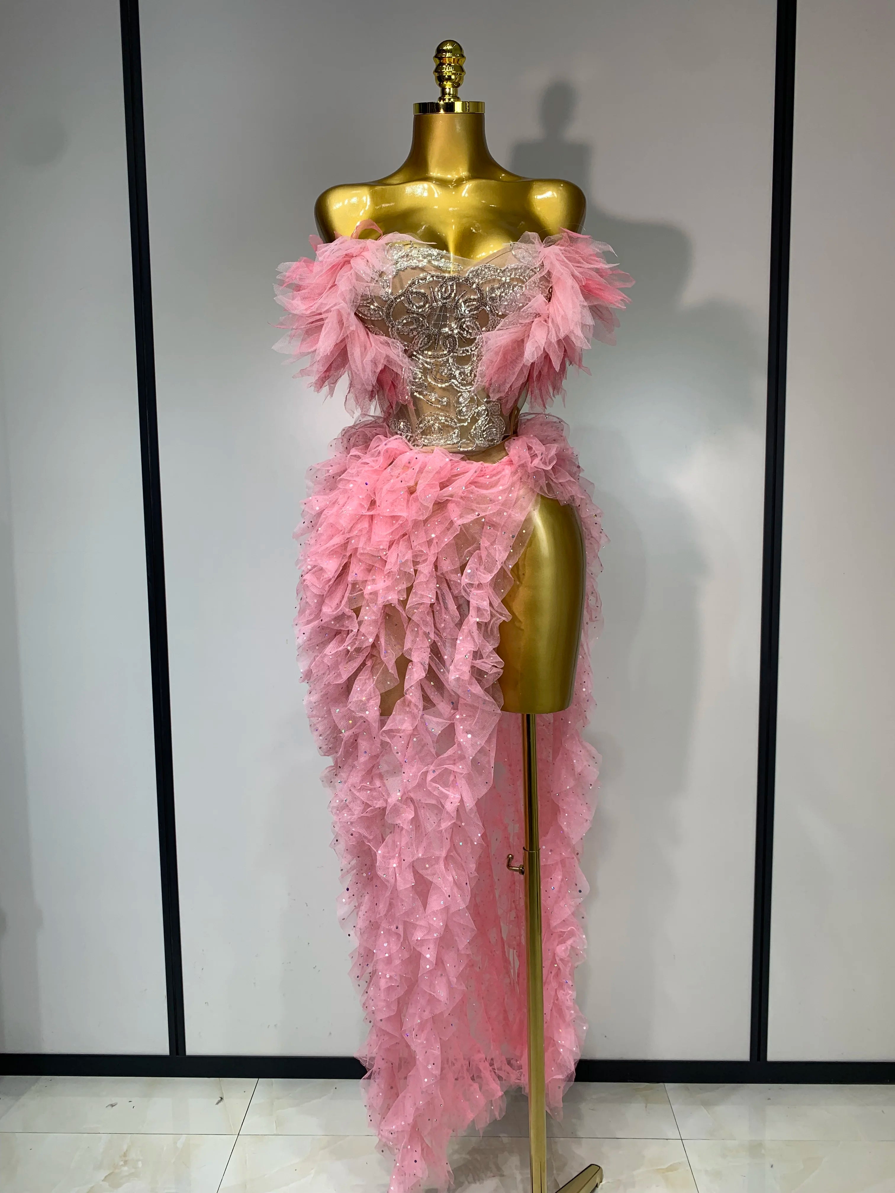 Women Sexy Strapless Mesh two Pieces Set Bodycon Long Dress High Split Nightclub Party Luxury Birthday  Singer Stage Outfit