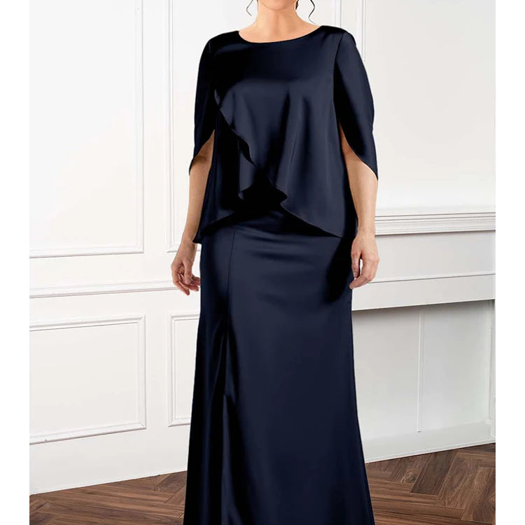 Women's Dress Plus Size Party Wedding Guest Cocktail Fake Two Piece Satin Asymmetric Cloak Sleeve Elegant Layered Maxi Dresses Black