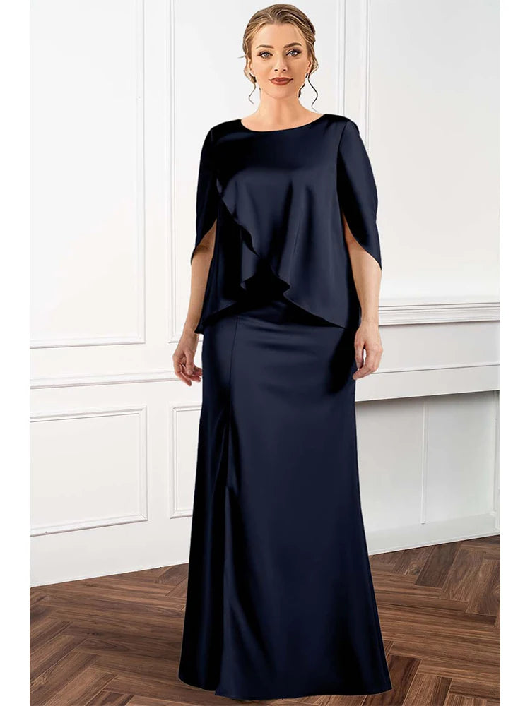 Women's Dress Plus Size Party Wedding Guest Cocktail Fake Two Piece Satin Asymmetric Cloak Sleeve Elegant Layered Maxi Dresses Black