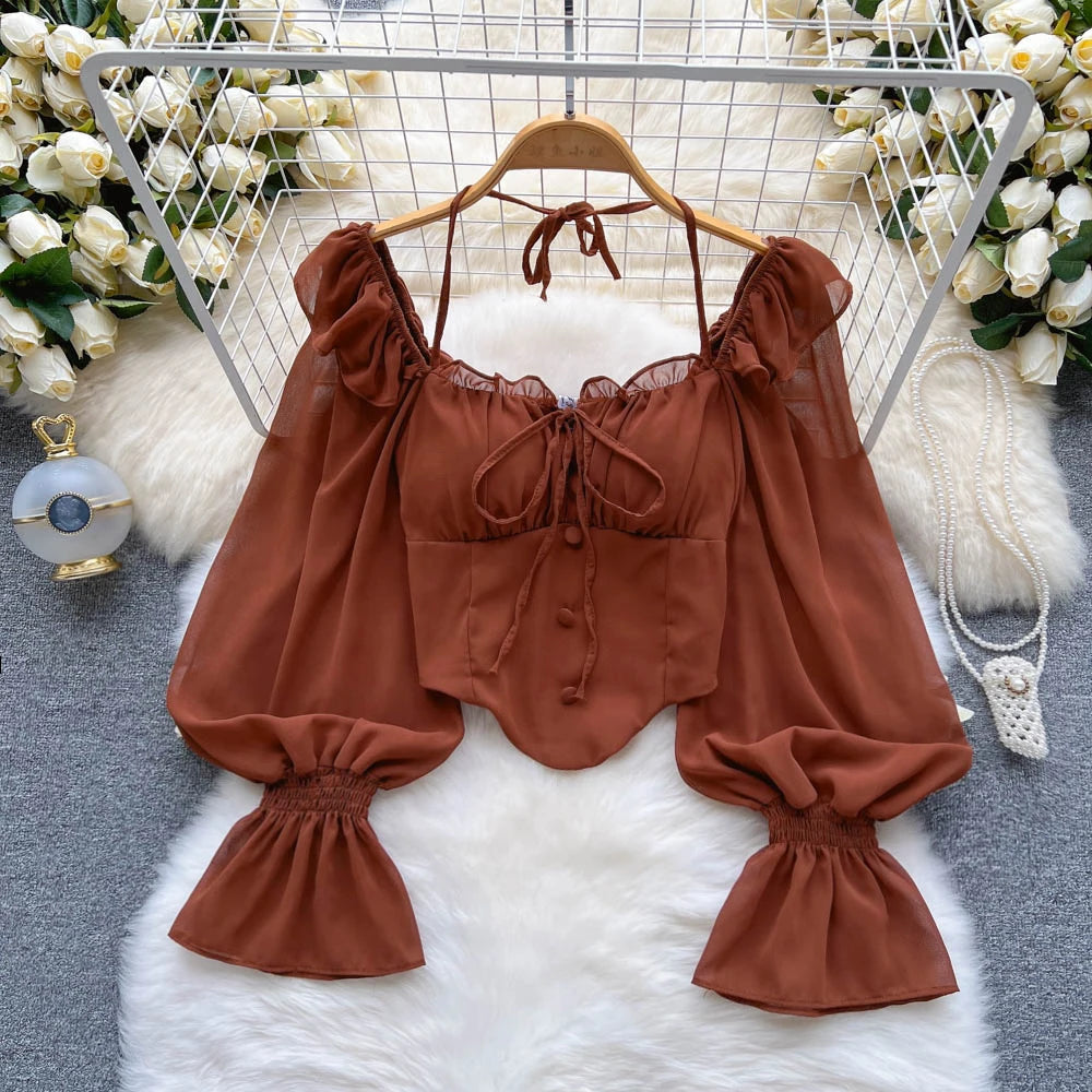 Flare Sleeve Women Tops Ruffle Solid Elastic Waist Halter Backless Chiffon Slim Ladies Harajuku Sexy Short Blouse light brown One Size