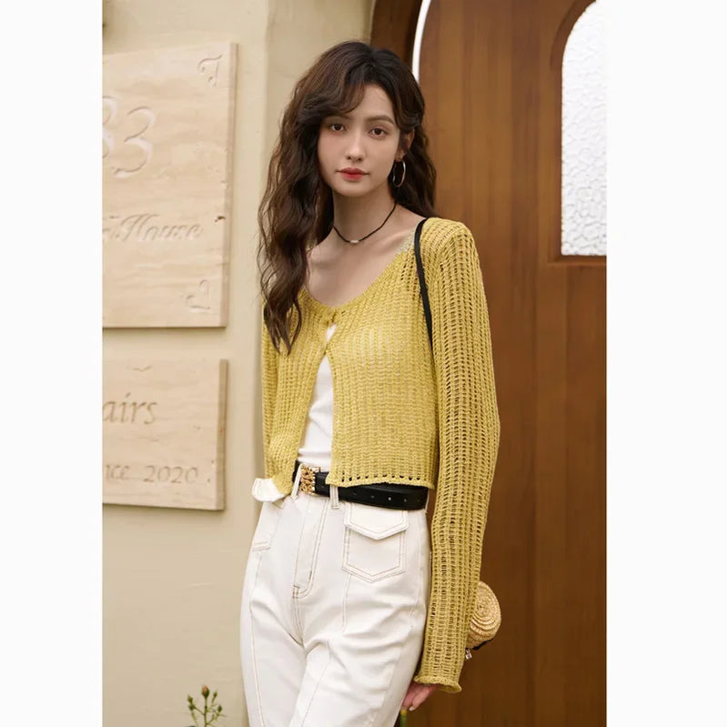 Hollow Out Knitted Cardigan Vest Two-piece Set for Women Summer Korean Sunscreen Single Breasted Sets Yelllow One Size