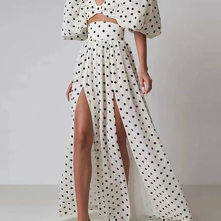 TWOTWINSTYLE elegant Polka dot two piece sets square collar puff sleeve tops high waist split skirt chic set female fashion 2023
