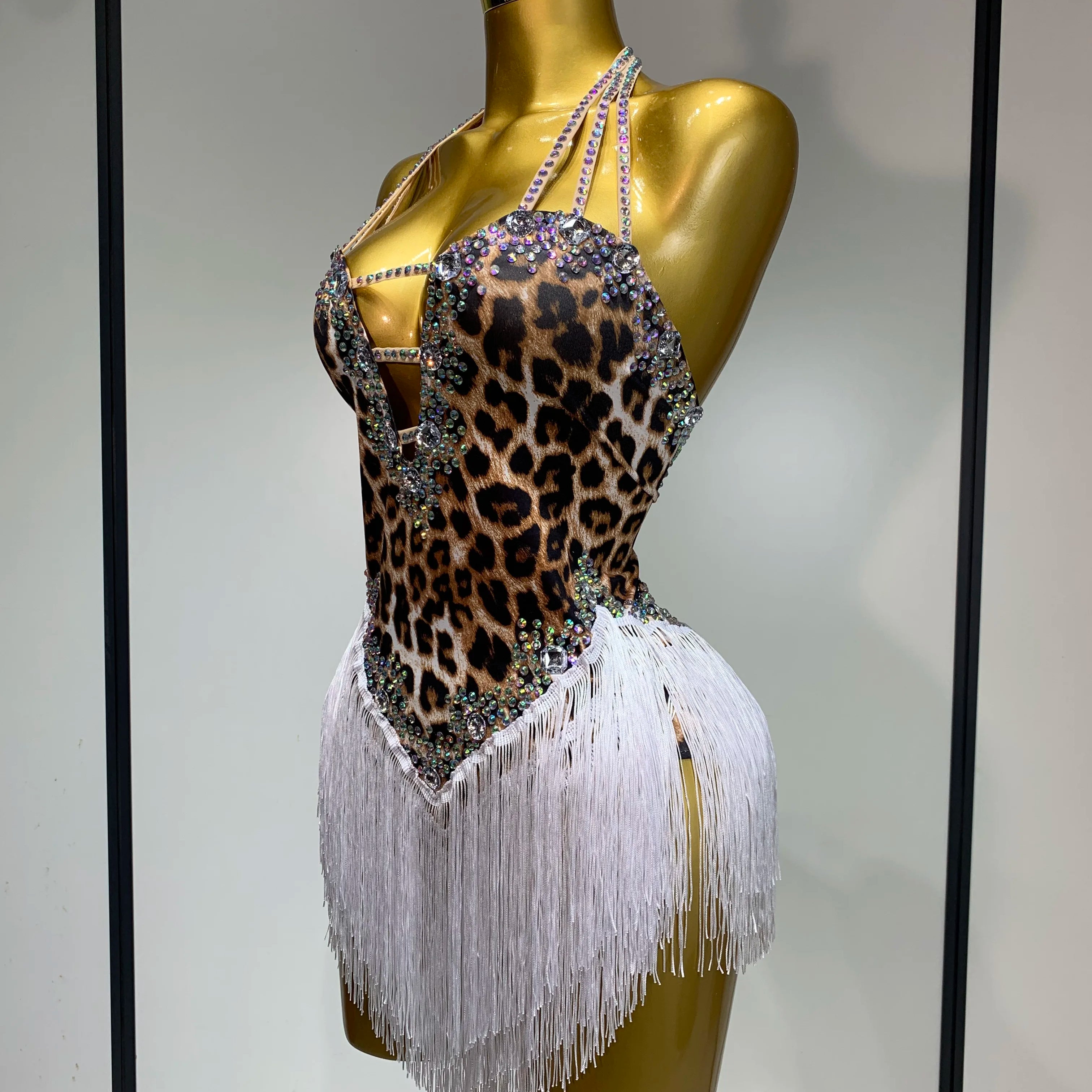 Sexy Backless Sparkly Rhinestones Tassel Leopard Print Bodysuit Performance Dance Costume Singer Dancer Stage Wear Club Outfit