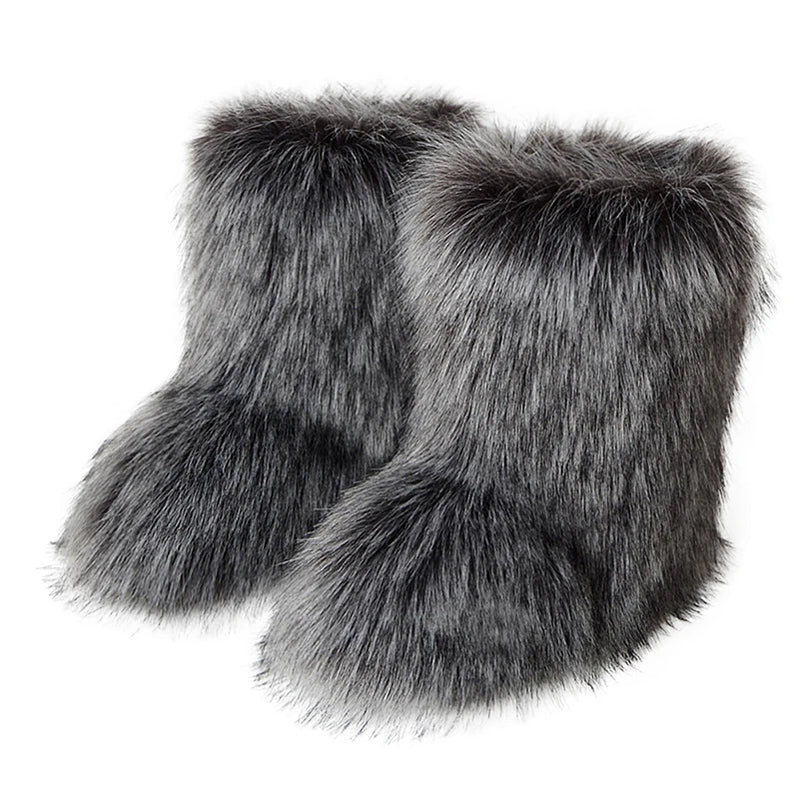 Winter Women Fluffy Faux Fox Fur Boots Woman Plush Warm Snow Boots Luxury Footwear Girls Furry Fur Bottes Fashion Winter Shoe silver fox