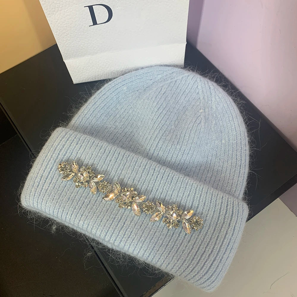 Real Rabbit Fur Knitted Hats for Women Winter Warm Beanie Luxury Rhinestones Bonnet Lady Outdoor Skiing Skullies Beanies Caps light blue