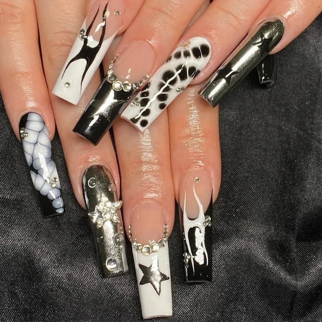 Cherry Leopard Print Almond Fake Nails Art Ballet Pointed False Nails Charms Flower Star Love Heart Press on Nails Manicure Tool