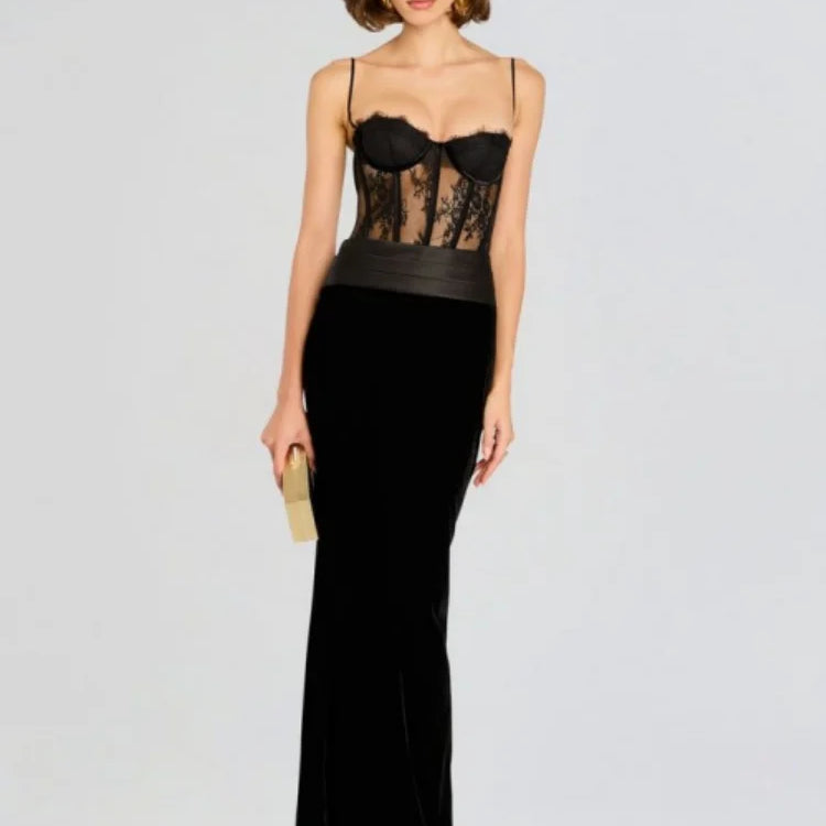 Black Color Women Sleeveless Sexy Strap Lace Bodycon Long Dress Valentine's Day Celebrate Birthday Vacation Outfit Vestido