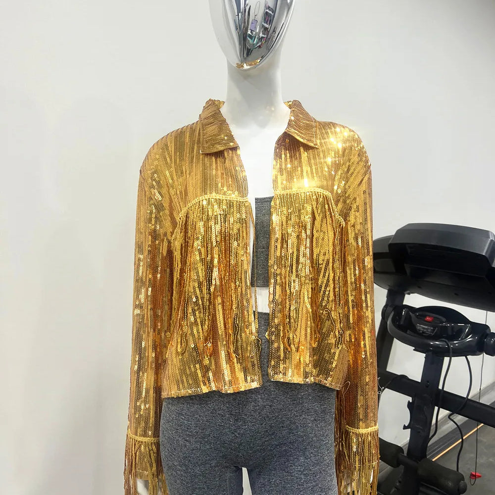 Reflective Tassel Sequin Jacket Women Outwear Tops Retro Long-sleeved Coat Summer Autumn Streewear New Female Jackets Gold One Size