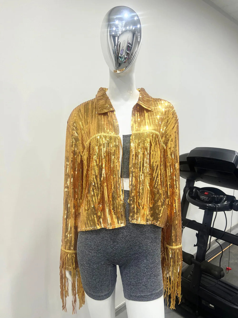 Reflective Tassel Sequin Jacket Women Outwear Tops Retro Long-sleeved Coat Summer Autumn Streewear New Female Jackets Gold One Size