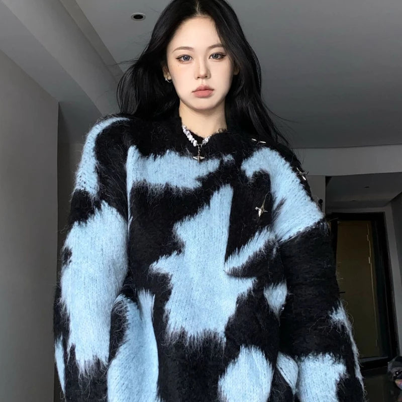 Korean Fashion Contrast Color Sweater for Women Autumn Winter Loose Knitted Top Female Casual Long Sleeve Oversized Pullovers SKY BLUE