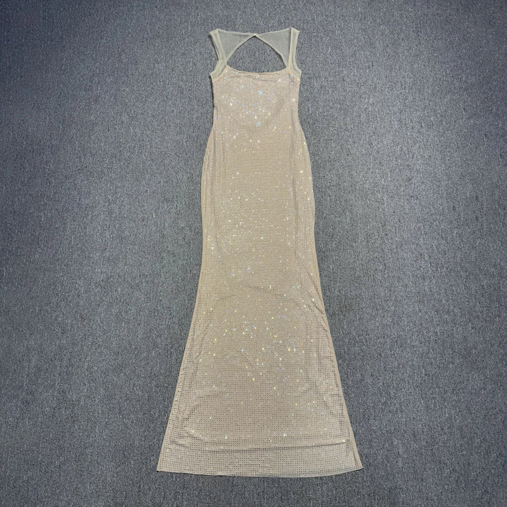 VC Multi Colours Shiny Rhinestones Mesh Patchwork Long Dress For Women Backless Slim Bodycon Evening Party Cocktail Gowns