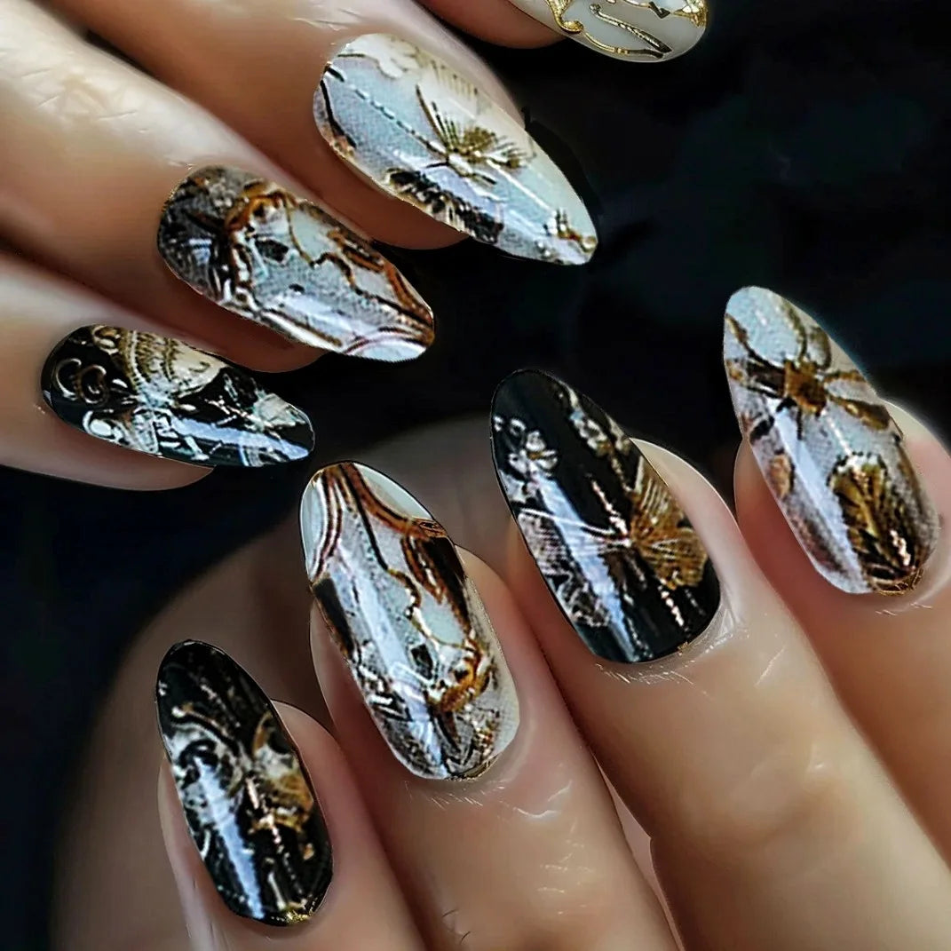 24Pcs Long Almond Nails Set Press on Black Red Gilding Fake Nails Golden Print Detachable Artificial Full Cover False Nails Tips