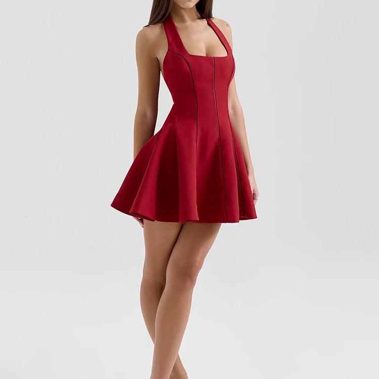 Halter Backless A-line Sexy Mini Dress For Women Robe Fashion Square Collar Sleeveless High Waist Pleated Dress Elegant