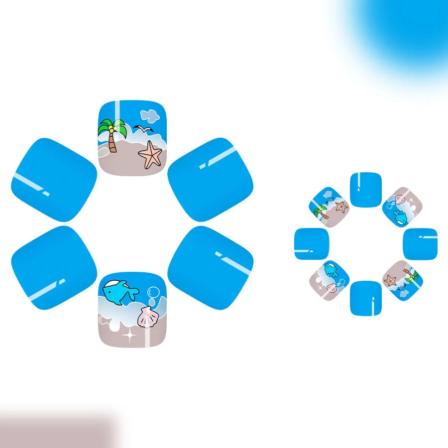24pcs Summer Beach False Toenails Blue French Square Fake Toenails Wearable Coconut Trees Shell Print Press on Nails for Toe