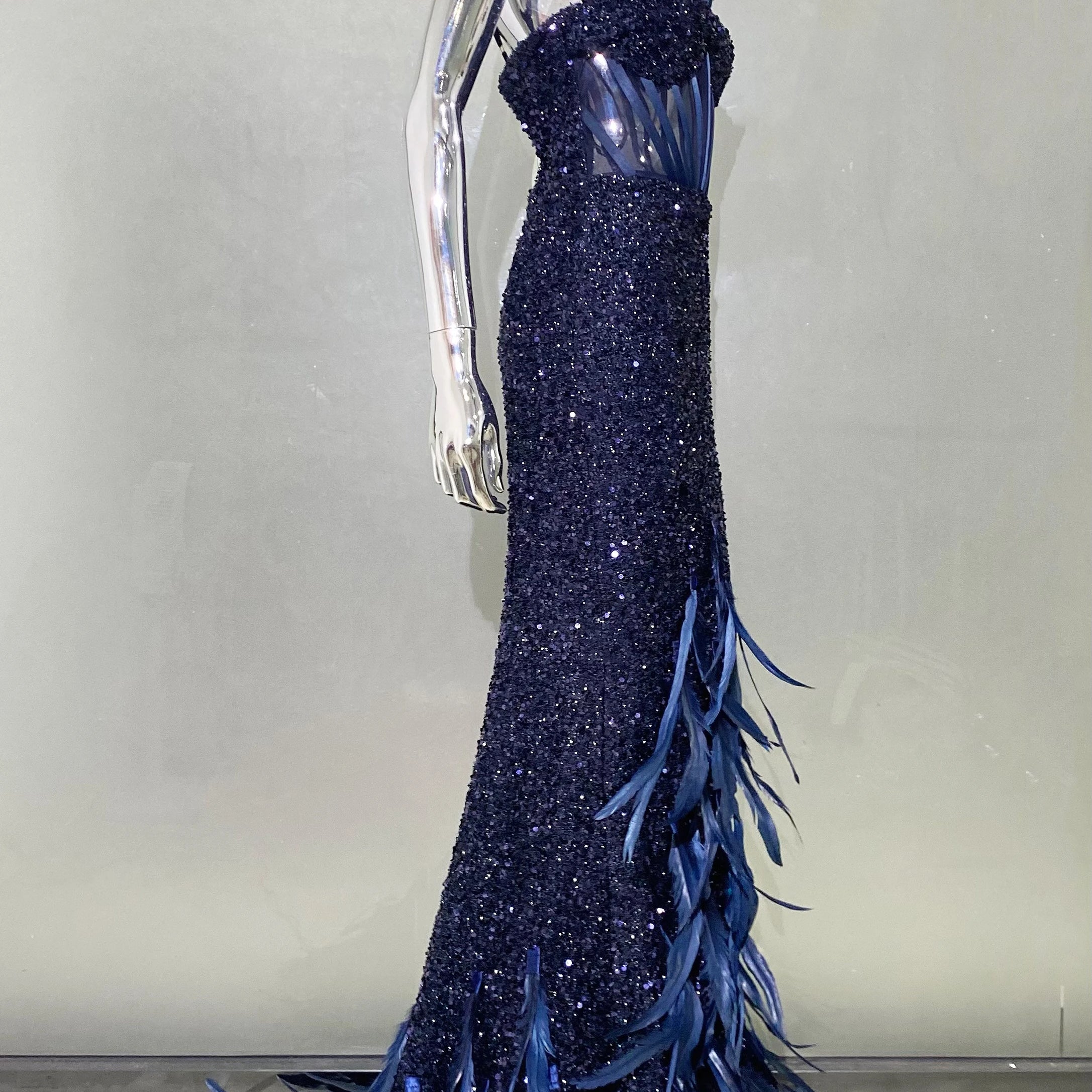 Women Summer Sexy V Neck Mesh Sequins Blue Feather Maxi Long Dress 2024 Elegant Party Evening Stage Performance Dress Vestido