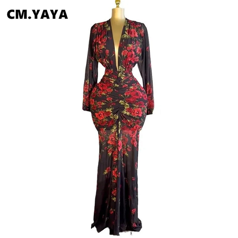 CM.YAYA Women Full Sleeve Floral Print V-neck Elegant Long Dress Ruched Holiday Birthday Evening Sexy Party Dresses Vestidos