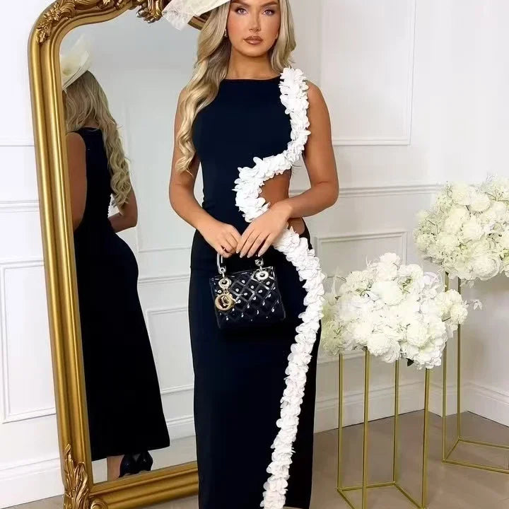 Women Sleeveless Sexy Side Hollow Out Florals Bodycon Long Bandage Dress Celebrate Fashion Evening Party Cocktail Wear
