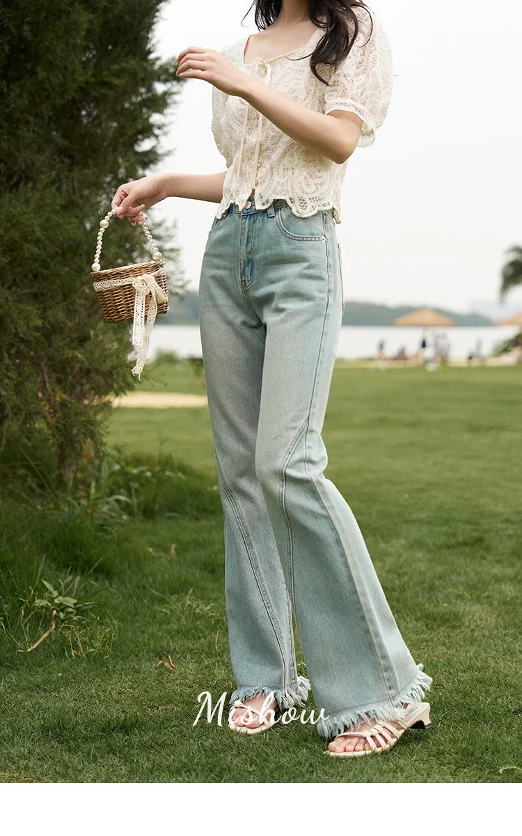 Flare Jeans for Women Retro Denim Blue Fashion Basic Straight High Waist Pockets Woman Full Length Pants MXC38K0108 Vintage Blue