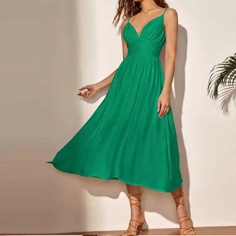Halters Sexy Long Skirt Temperament Commuter Solid Color V-neck Waist French Road North A-line Skirt Dress