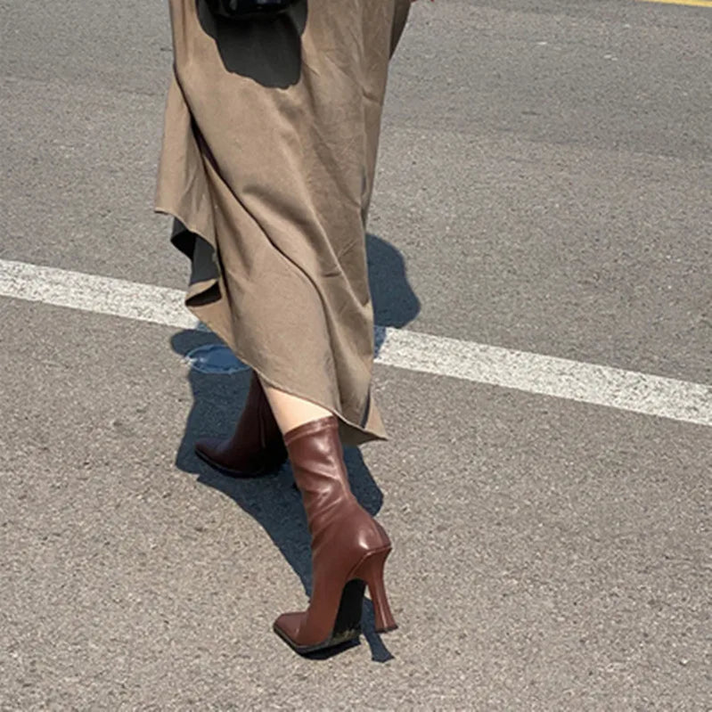 Black Women Ankle Boots Woman Thin High Heel Fashion Pointed Toe Zipper Winter Women's Shoes Leather White Short Booties Brown