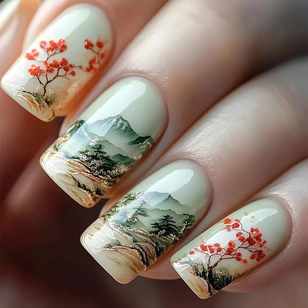 24pcs Green Fields Press on False Nail with Glue Glitter French Square Fake Nail Full Cover Nature Design Wearable Manicure Nail