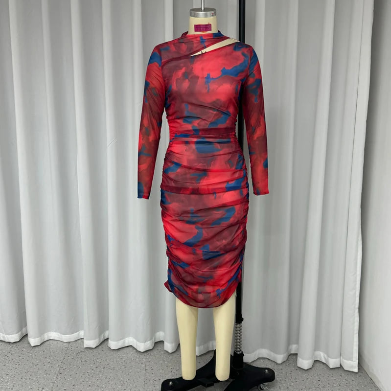 Ellafads Women Midi Dresses Autumn Fashion Hollow Out Long Sleeve Vintage Printed Folds Party Dress Elegant Chic Bodycon Gown