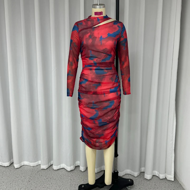 Ellafads Women Midi Dresses Autumn Fashion Hollow Out Long Sleeve Vintage Printed Folds Party Dress Elegant Chic Bodycon Gown