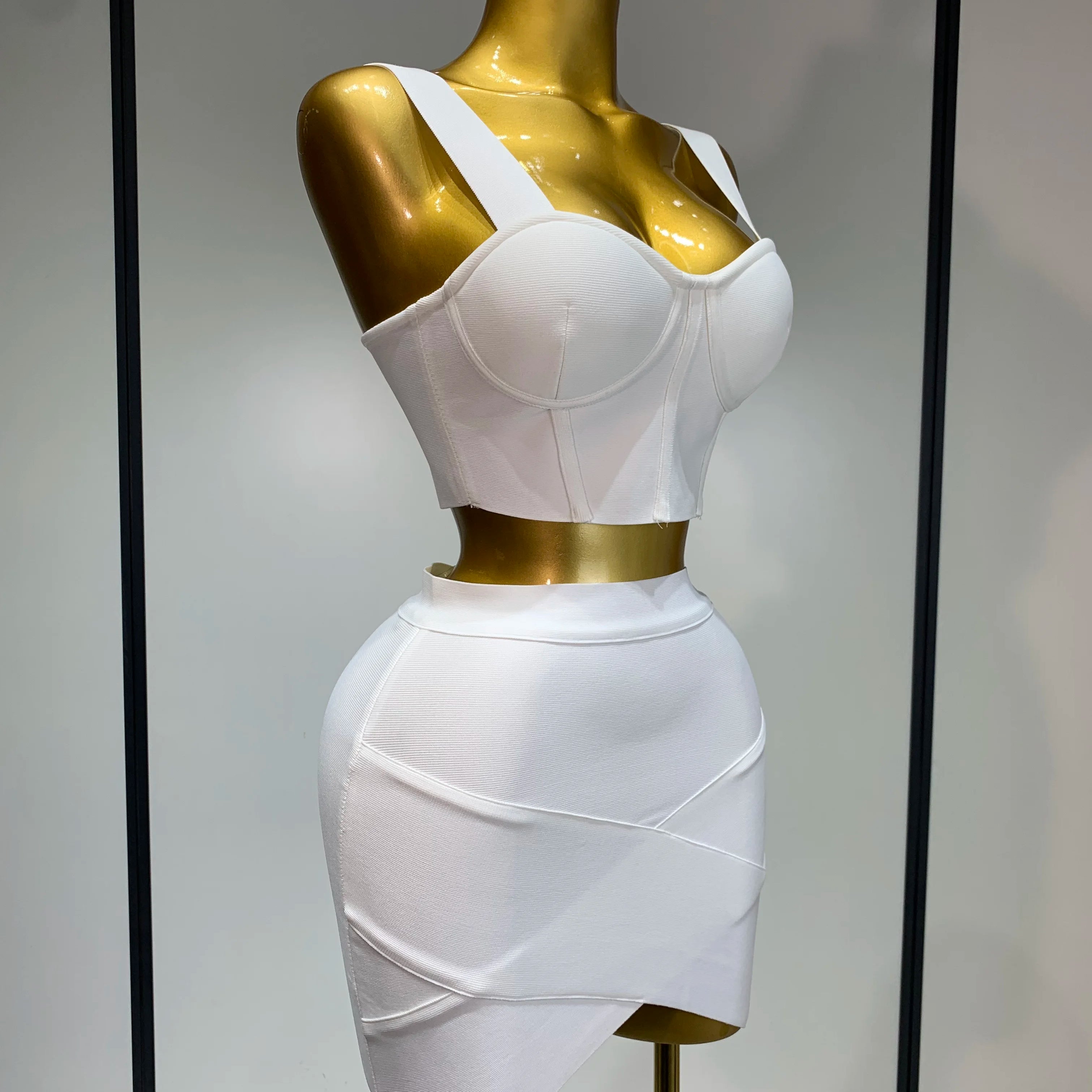 Women Sexy Top Short Skirt Bodycon Bandage Two Pieces Sets White Black 2025 Evening Party Luxury Birthday Outfit Nightclub Suits