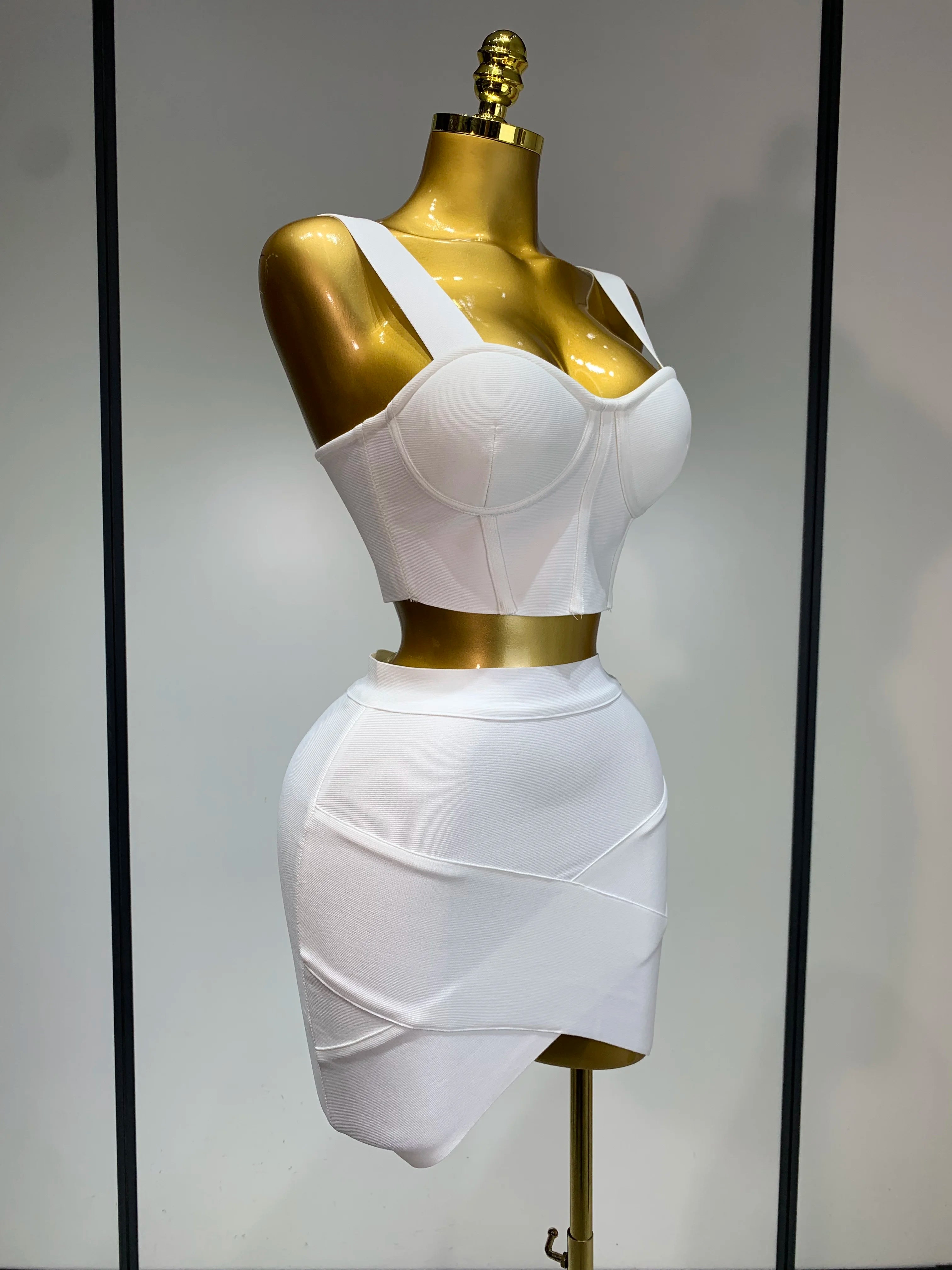 Women Sexy Top Short Skirt Bodycon Bandage Two Pieces Sets White Black 2025 Evening Party Luxury Birthday Outfit Nightclub Suits