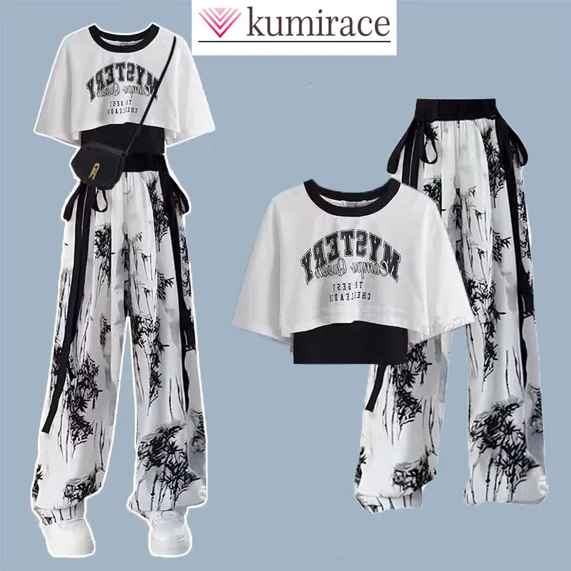 Korean Style Two-piece Patchwork Short Sleeved T-shirt with Ink Painting Wide Leg Pants Two-piece Female Student Pants Set