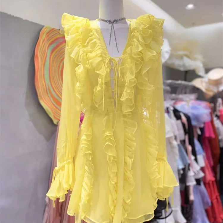 Tossy V-Neck Lace-Up Ruffled Mini Dress For Women Summer Mesh Bandage High Waist Fashion Party Dress Gown Female Mini Dress 2024 Yellow