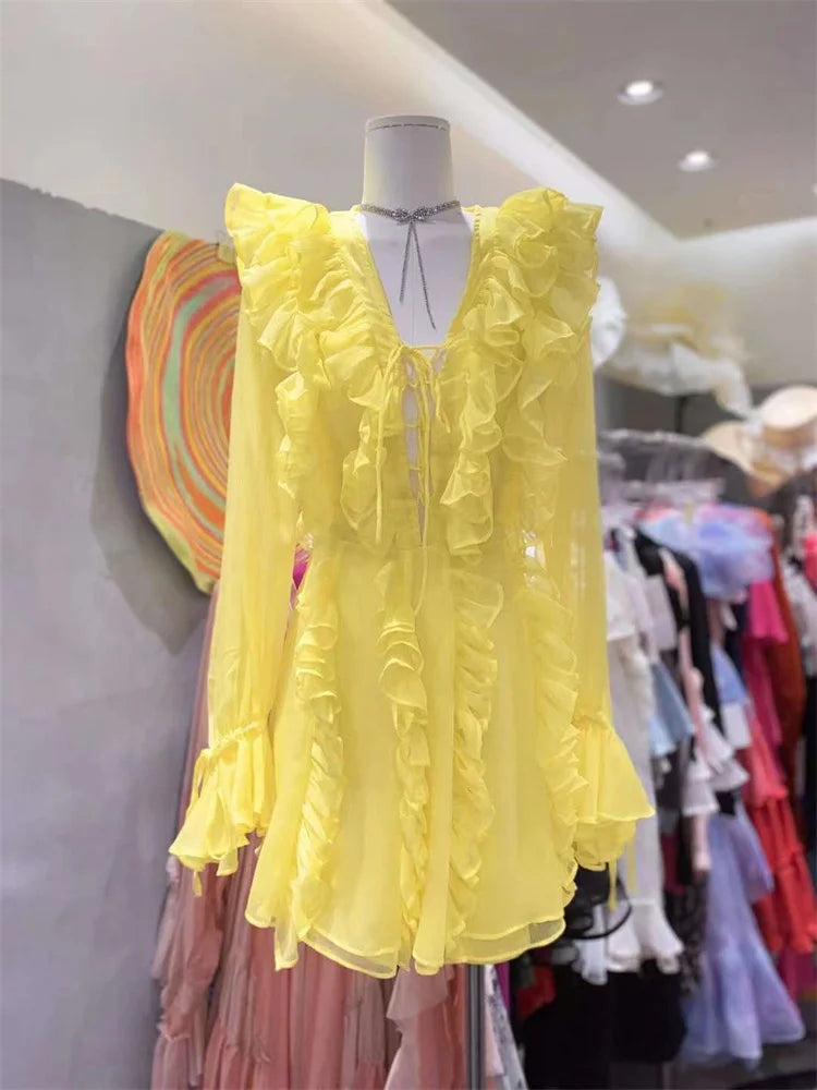 Tossy V-Neck Lace-Up Ruffled Mini Dress For Women Summer Mesh Bandage High Waist Fashion Party Dress Gown Female Mini Dress 2024 Yellow