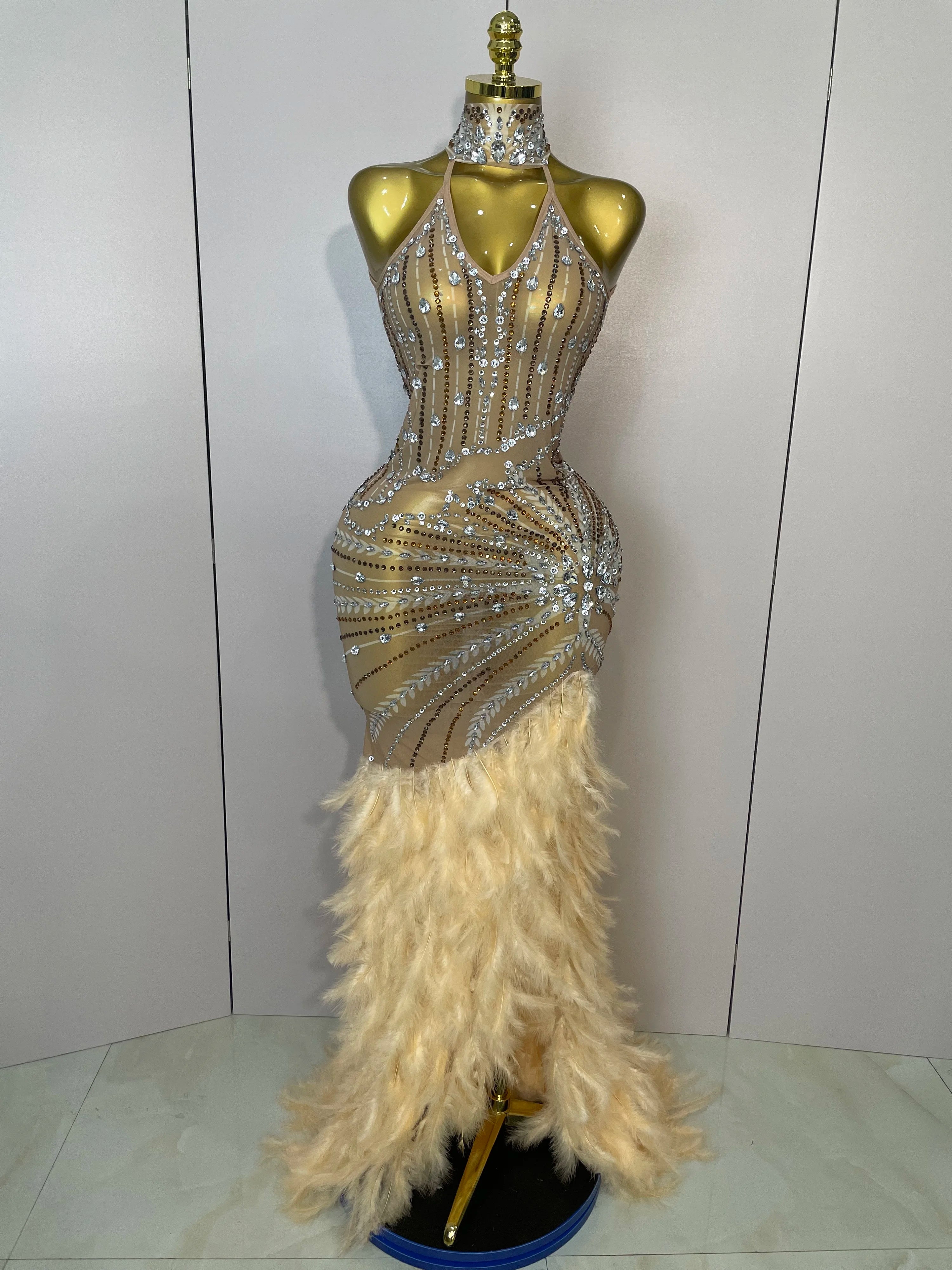 Sparkly Sexy Crystal  Floor-Length Feathers Maxi Dress 2025 Elegant  Evening Party Birthday Performance Prom Dance Stage Costume