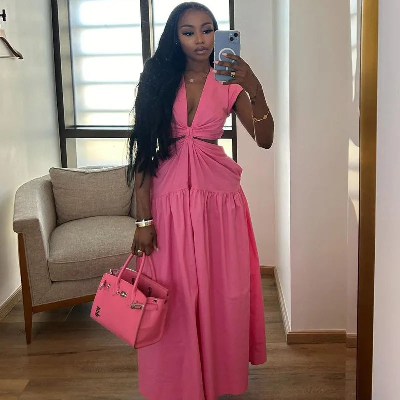 CM.YAYA Women Short Sleeve Tie Up Open Waist Deep V-neck Maxi Long Dress 2025 Summer Sexy Club Party Even Beach Vestidos Dresses Pink