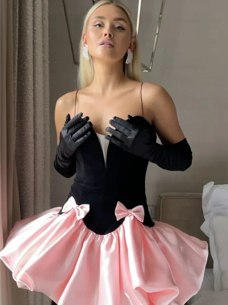 Summer Women Sexy Strap V-Neck Ball Gown Mini Dress Celebrate Fashion Birthday Party Cute Girls' Date Dress