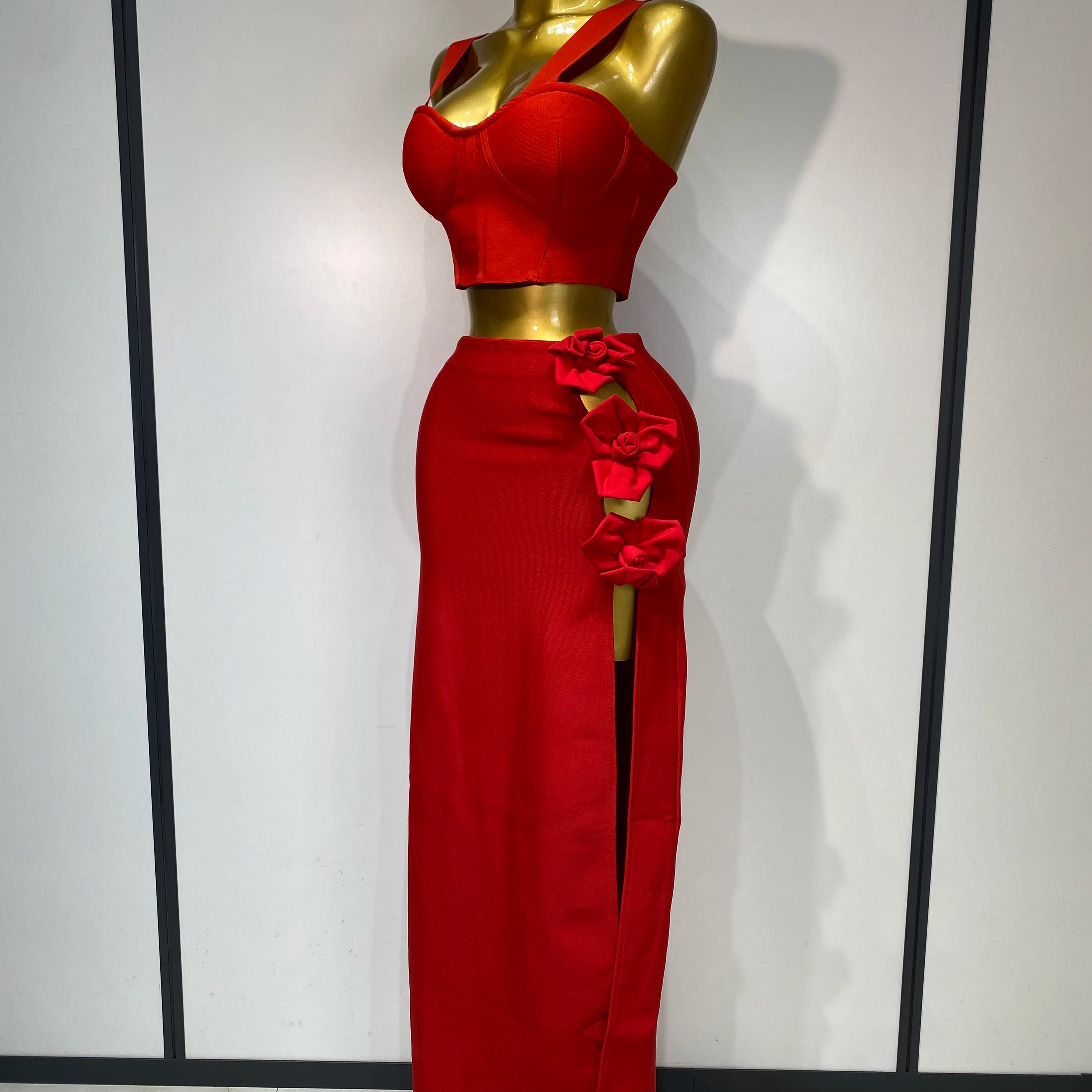 Women Red Top Flower Skirt Two Piece Set Evening Party Nightclub Elegant Host Tight Sexy Club Bodycon Bandage Long Skirt