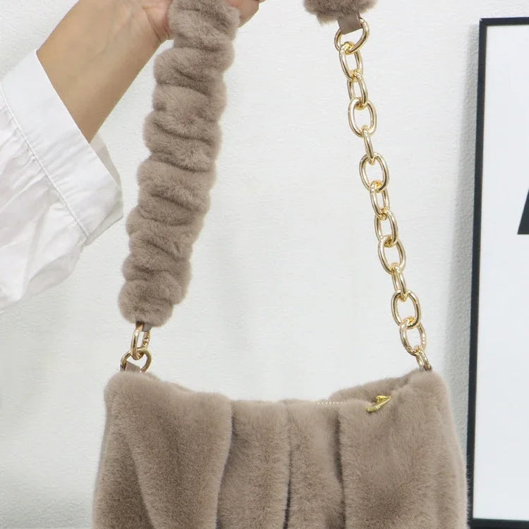 Women Faux Fur Handbags with Metal Chain Lady Ruched Shoulder Bag Armpit Casual Square Hobos Crossbody Winter Brown