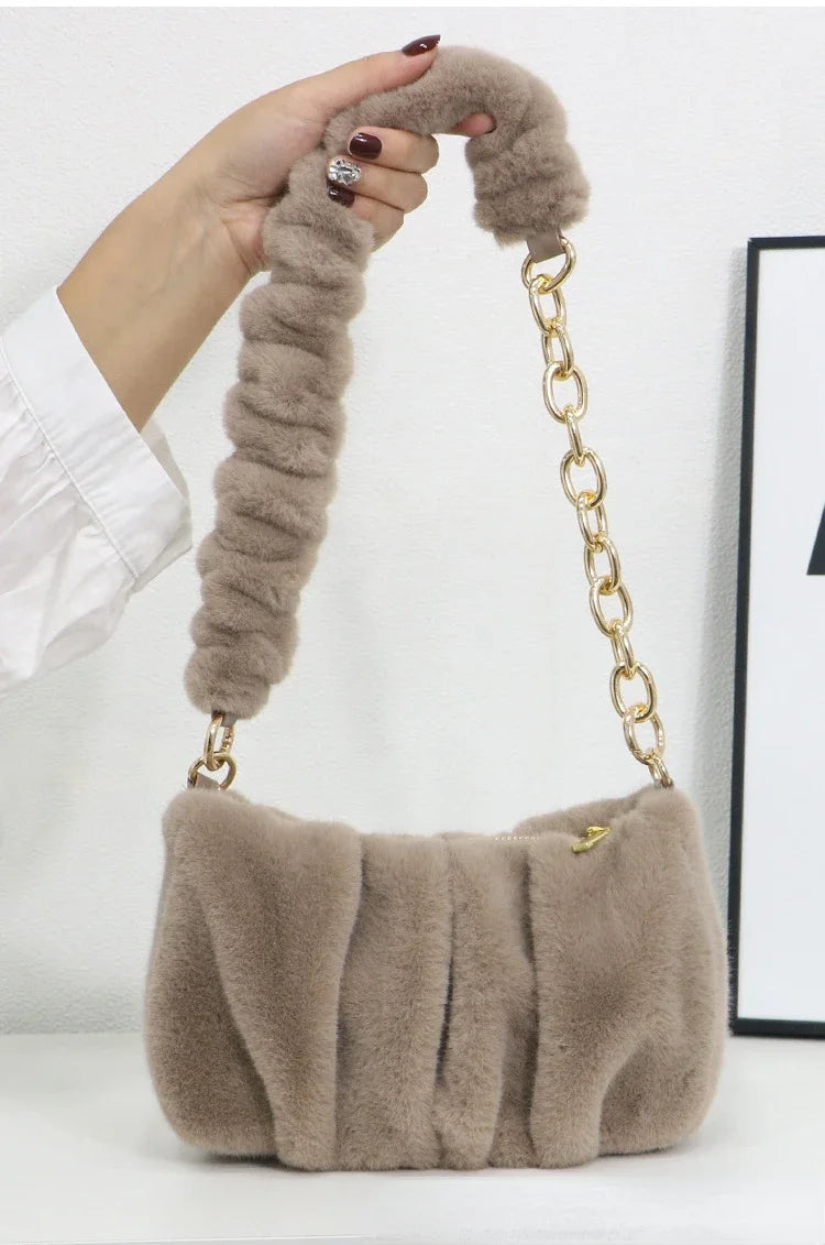 Women Faux Fur Handbags with Metal Chain Lady Ruched Shoulder Bag Armpit Casual Square Hobos Crossbody Winter Brown