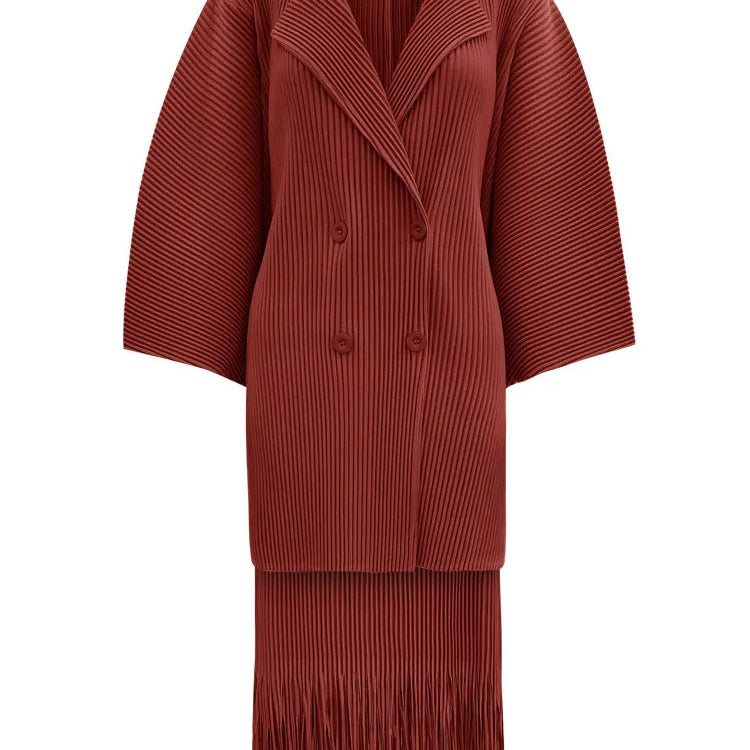 LANMREM Fashion Pleated 2 Piece Set Women Double Breasted Blazer Tassel Design Skirt Solid Color Spring New Clothing 32C701