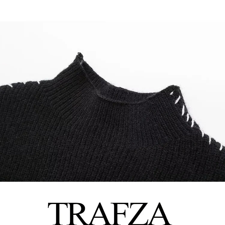 TRAFZA Women Fashion Black Spliced Cable Stitch Turtleneck Oversize Pullover Female Casual Long Sleeve Loose Sweater Vintage Top